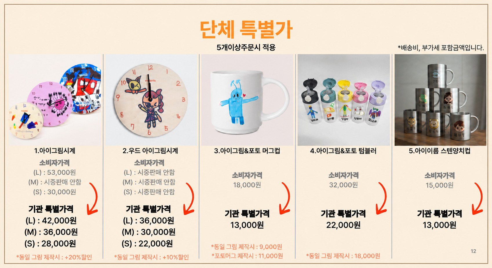 단체 특별가 제품 가격표 - 아이그림시계, 우드 아이그림시계, 머그컵, 텀블러, 스텐양치컵 (5개 이상 주문 시 적용, 배송비·부가세 포함)