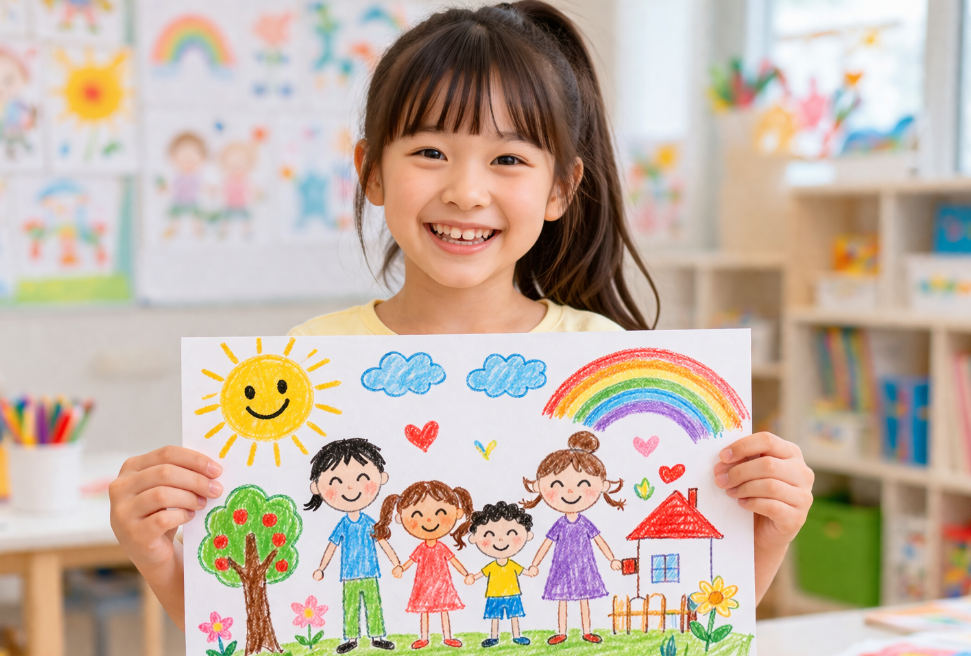 자신이 그린 그림을 들고 웃는 아이
